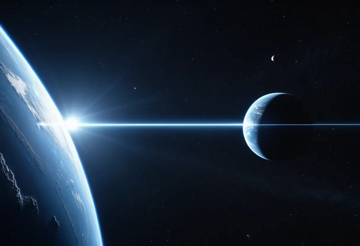 宇宙空間。遠くの星系から飛来した鋭い光の粒子が、平和そうな惑星を貫き、星全体が崩壊し始める瞬間。