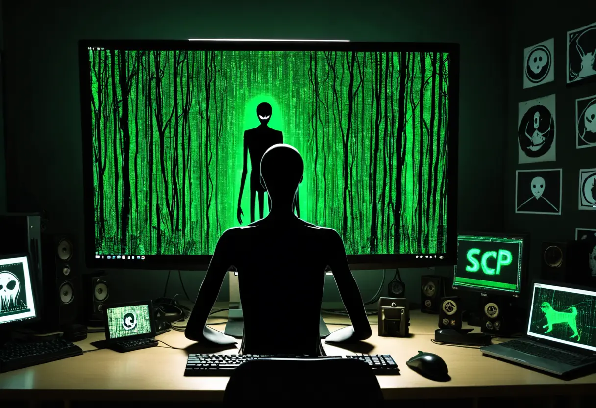 暗い部屋のモニターに映し出される無数の怪異（スレンダーマン、SCPのマーク、スマイルドッグなど）のイメージが、デジタルノイズと共に混ざり合っている。