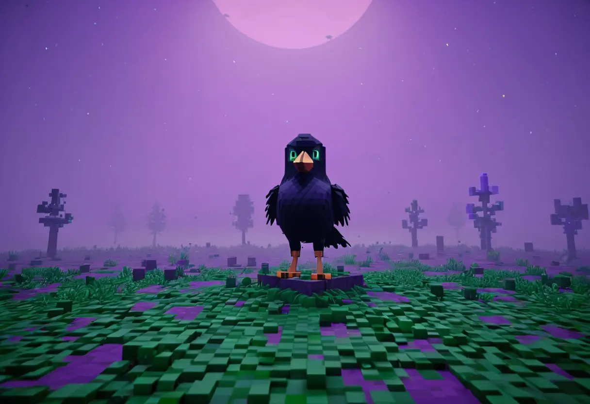 A low-poly bird character in a foggy forest.