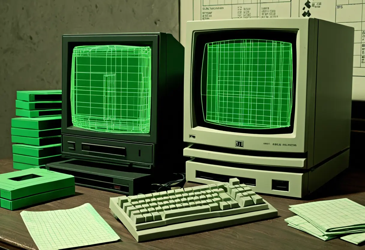 A monochrome wireframe 3D dungeon on an old PC.