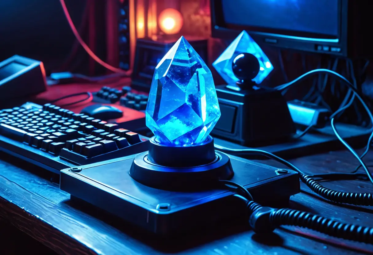 Fantasy game crystals and a retro joystick.