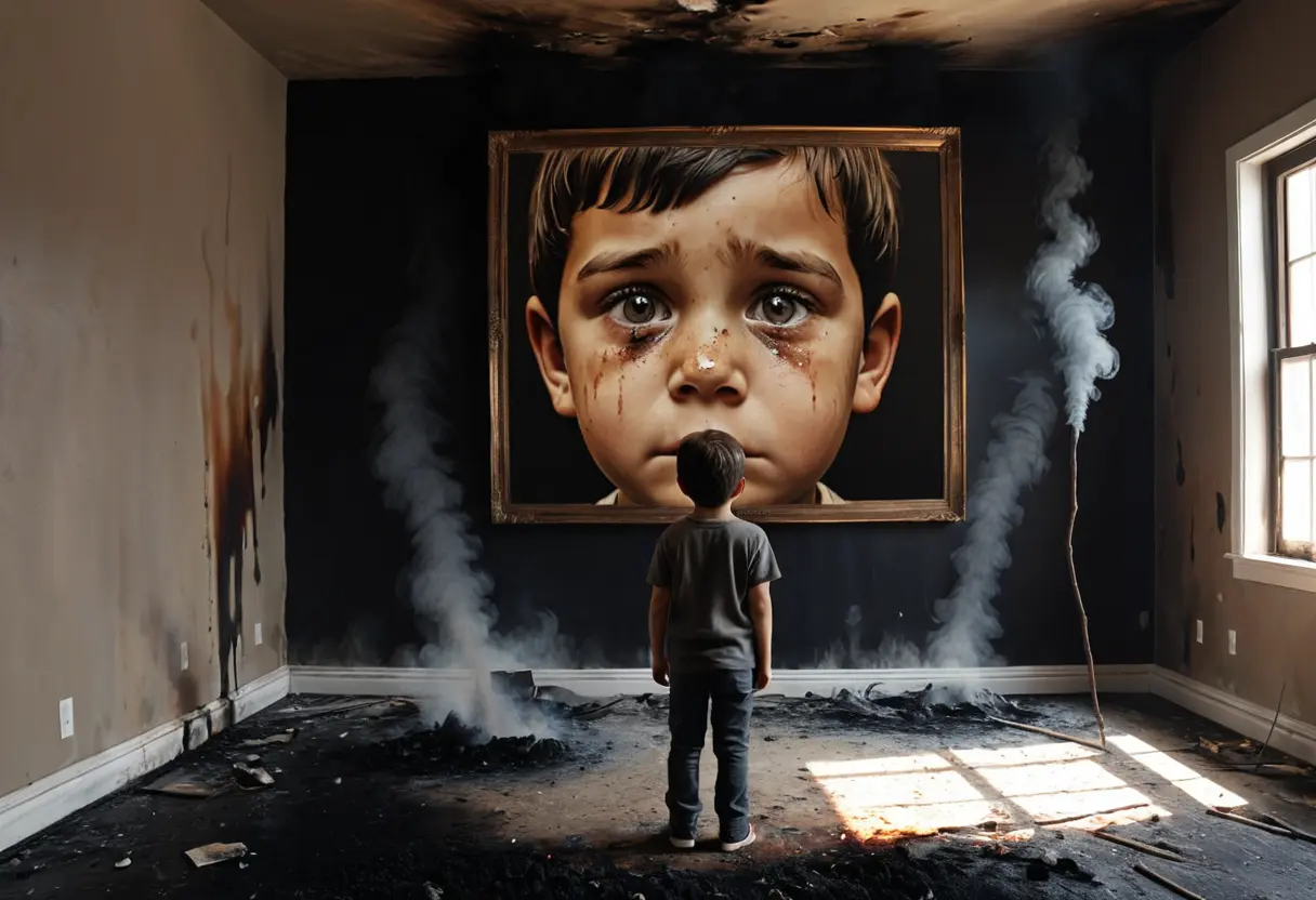A scorched wall with a clean painting of a boy.