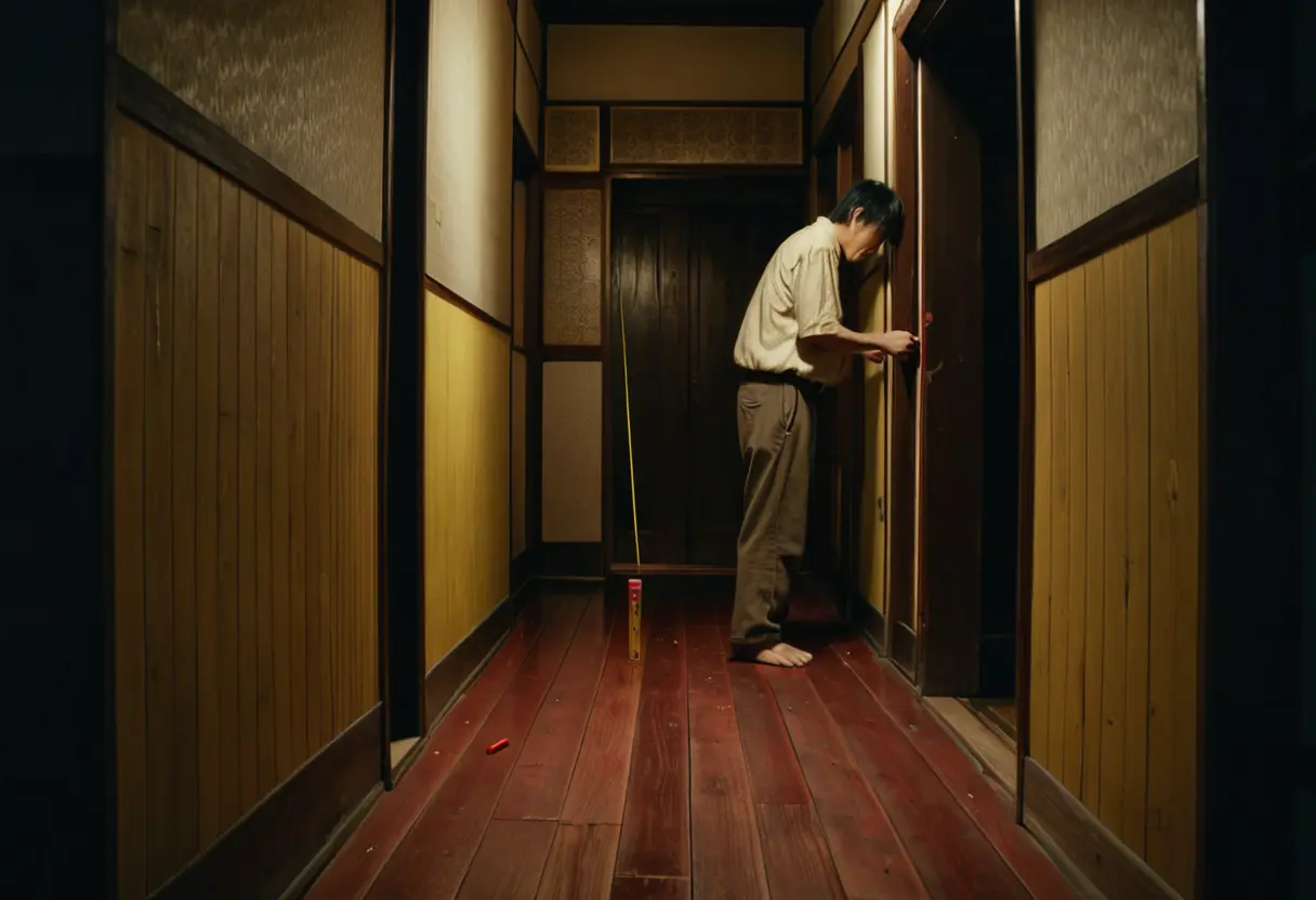 A man measuring a wall in a dim hallway with a red crayon on the floor.