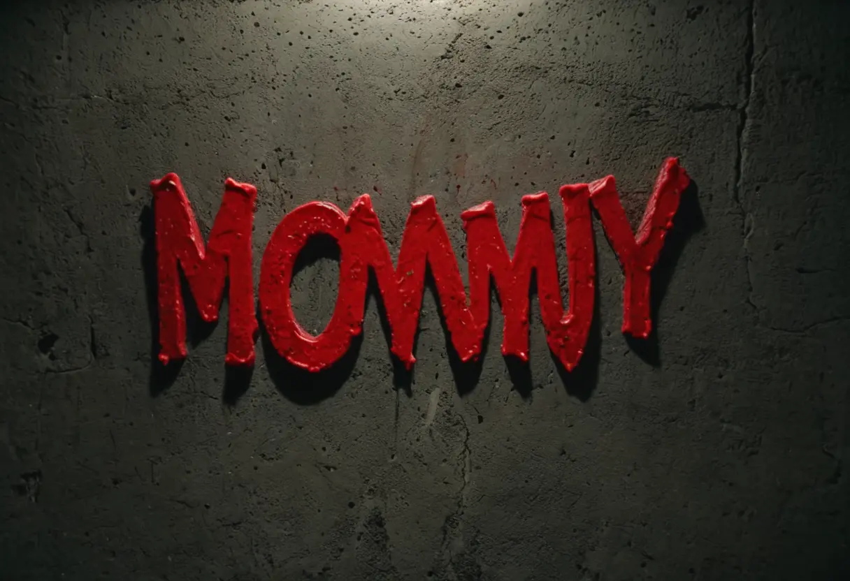 A close-up of jagged red writing on concrete inside a wall.