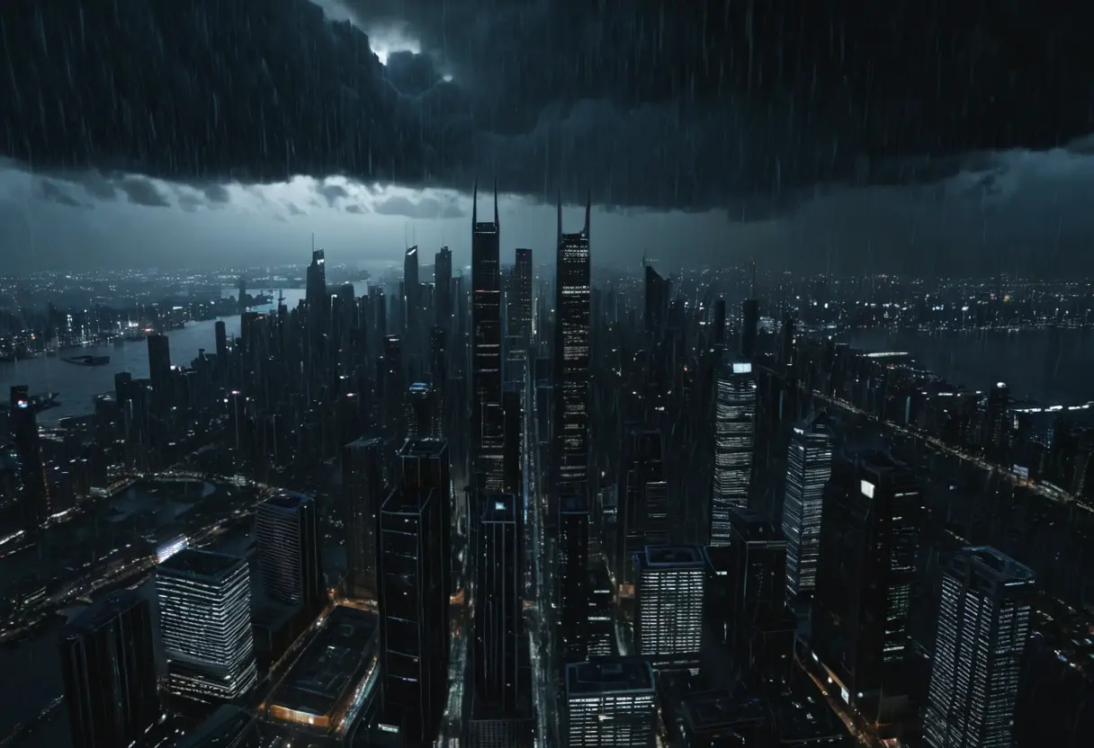 A modern city with a giant shadow above it.