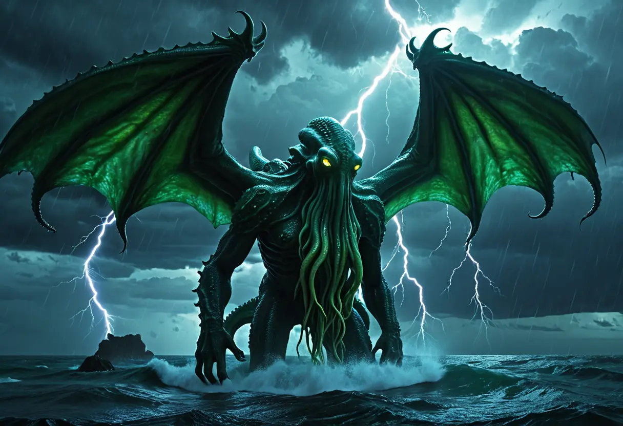 Colossal Cthulhu rising from the stormy ocean.