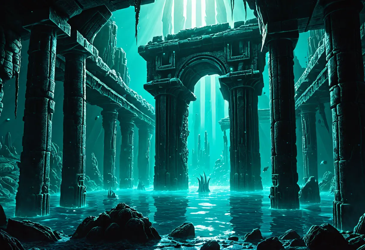 Sunken cyclopean ruins with strange, impossible angles.