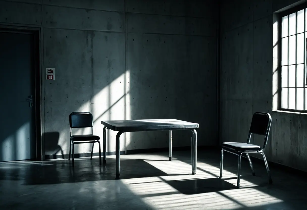 A dark interrogation room with a single lamp.