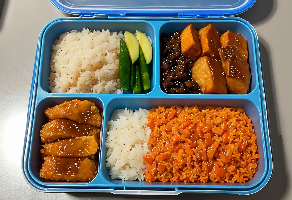 A cold, plastic bento box (lunch box).