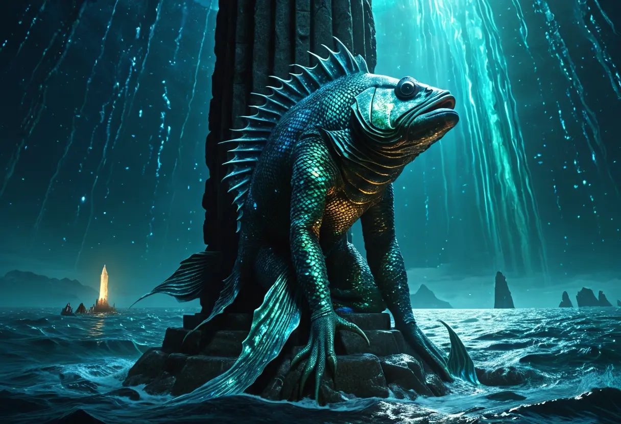An immense humanoid fish-god rising from the midnight sea.