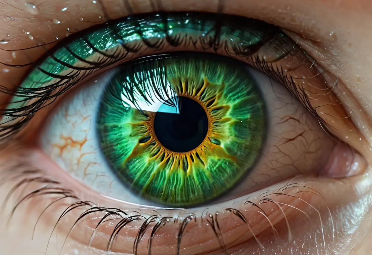 A close-up of a human eye turning into a fish eye.