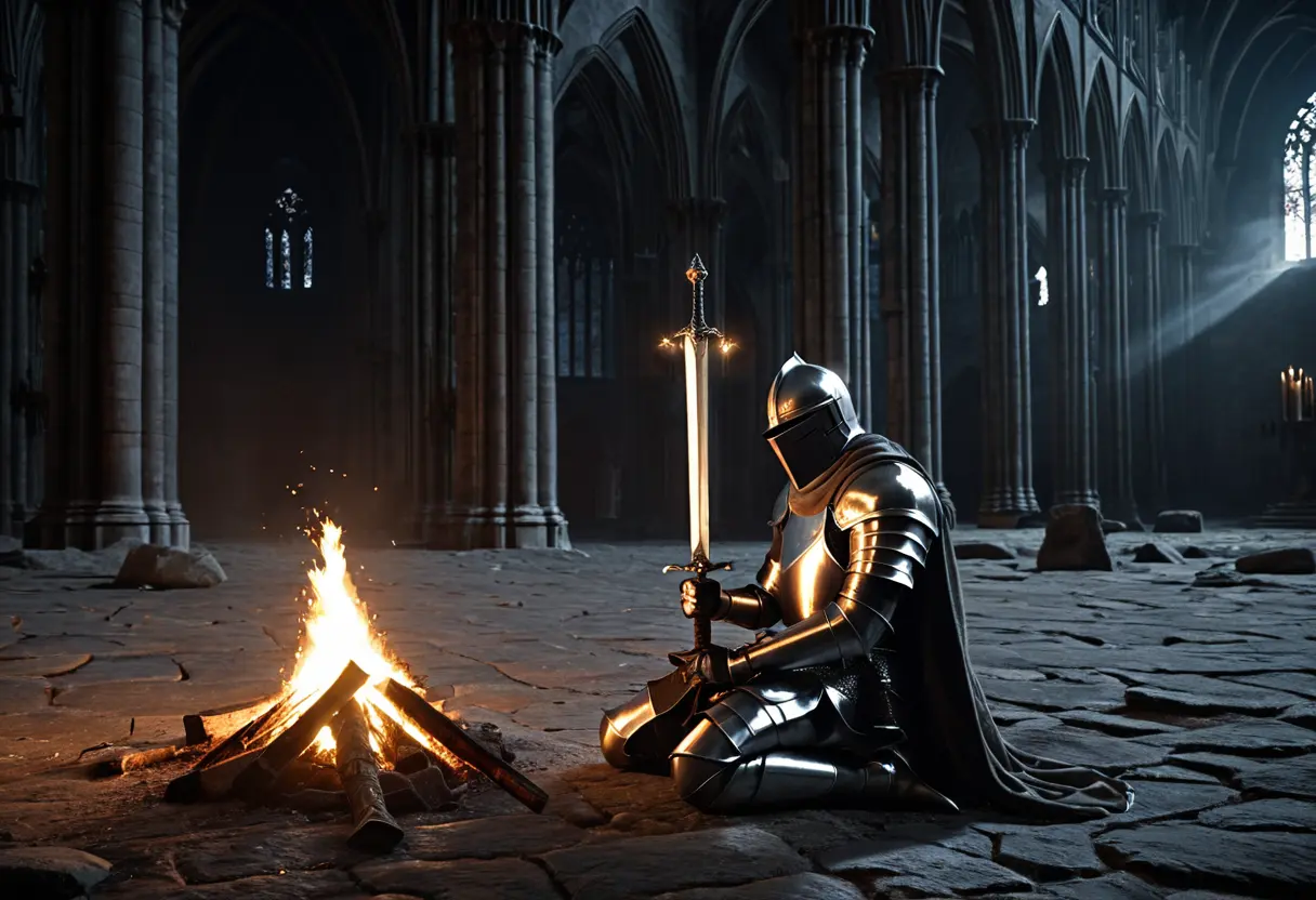 A knight sitting at a bonfire in a cathedral.