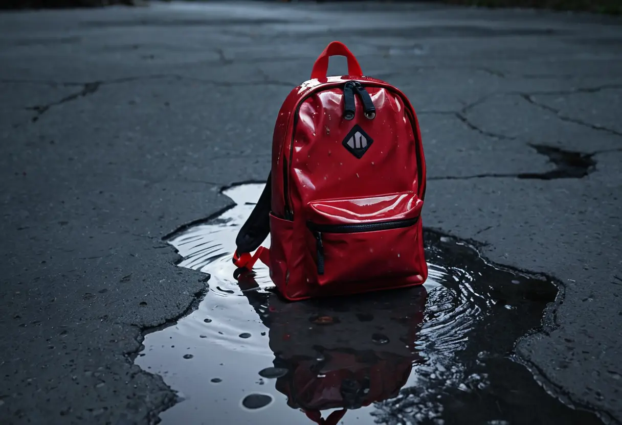A small, wet red bag sitting alone on a dark concrete floor.