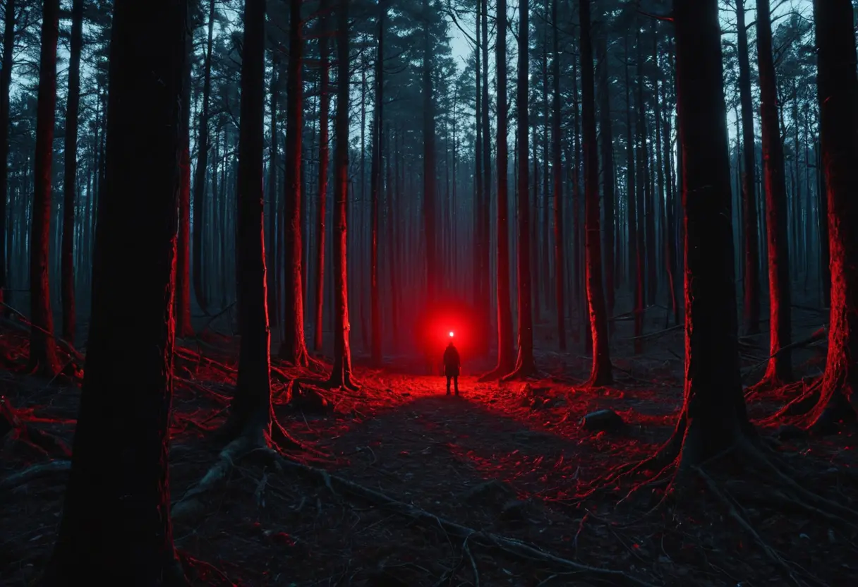 鬱蒼とした暗い森の中。木の陰に隠れた複数の狩人たちが、互いに銃を構え、物音を立てた者を即座に撃とうと身を潜めている。