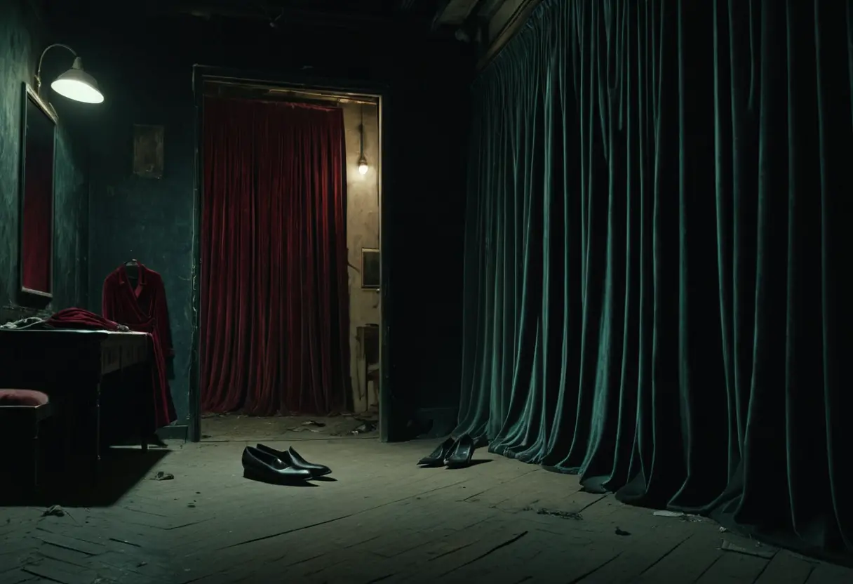 A dark, empty dressing room with a swaying curtain.