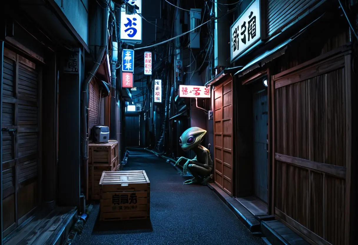 A distorted silhouette inside a wooden crate in a neon alley.