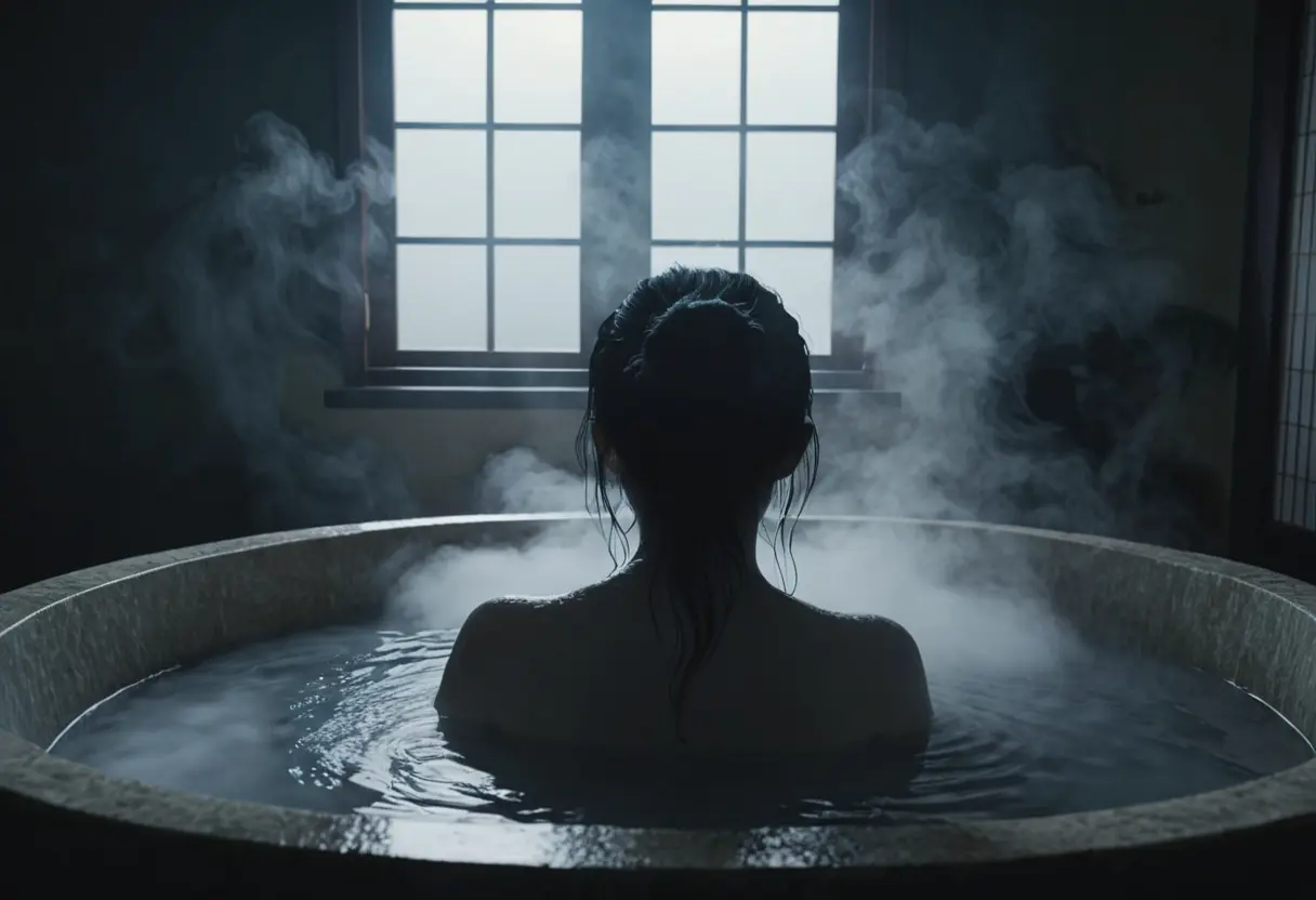 A dark bathtub with a silhouette in the steam.