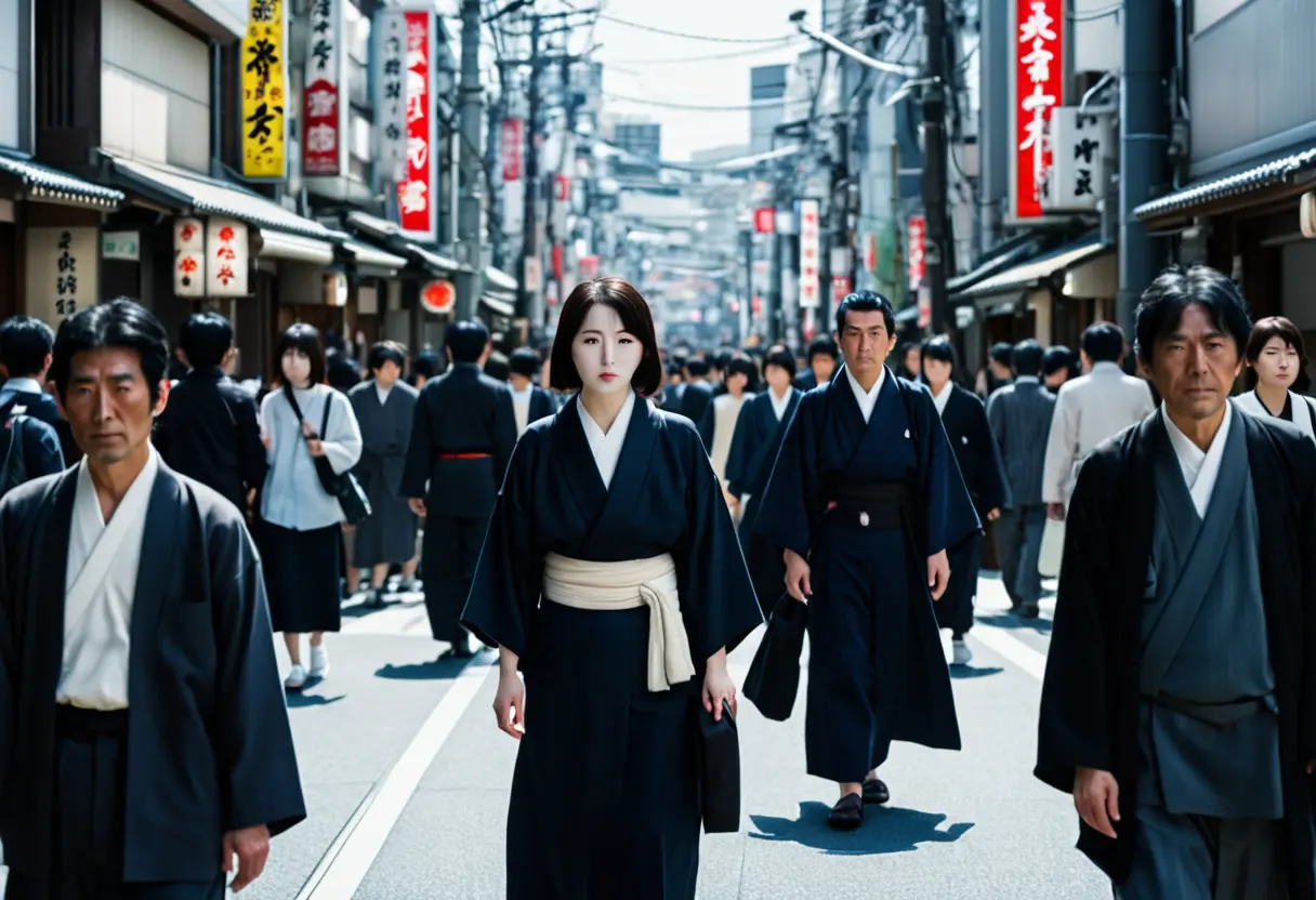 A blurry figure seen behind a person in a bright street.