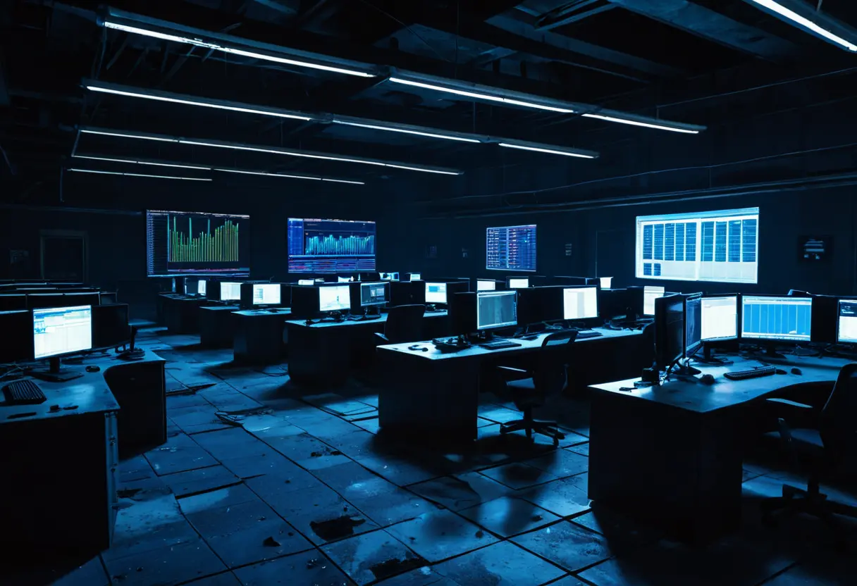 Ghostly monitors in a server room.