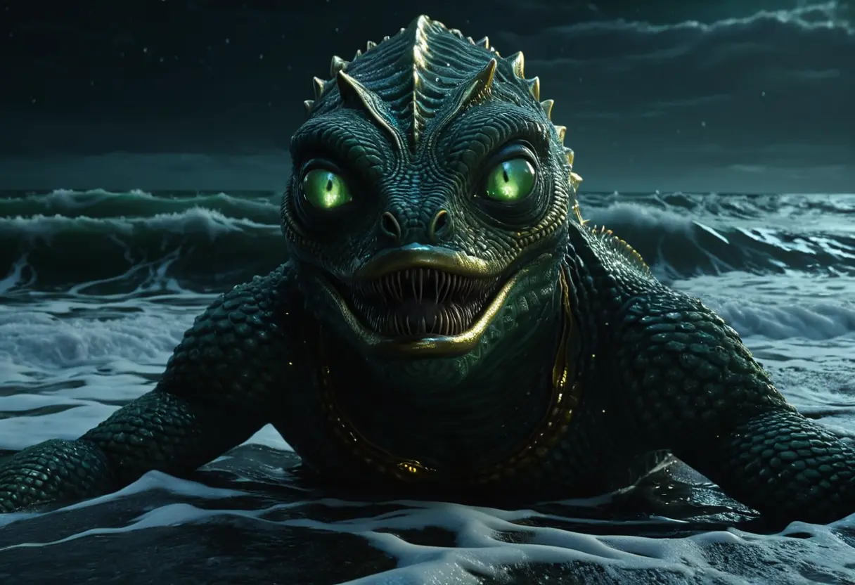 A Deep One emerging from a dark, foamy sea at night.