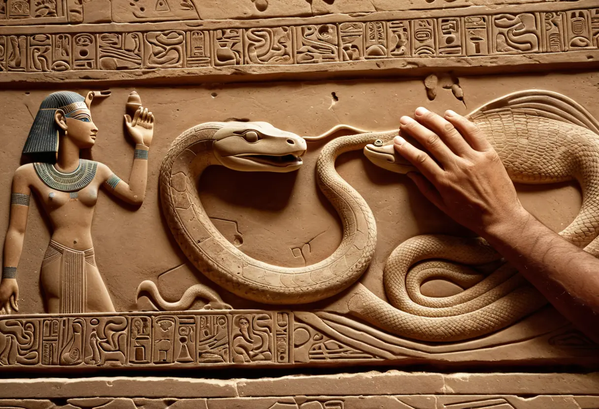 A priest looking at the mysterious relief.