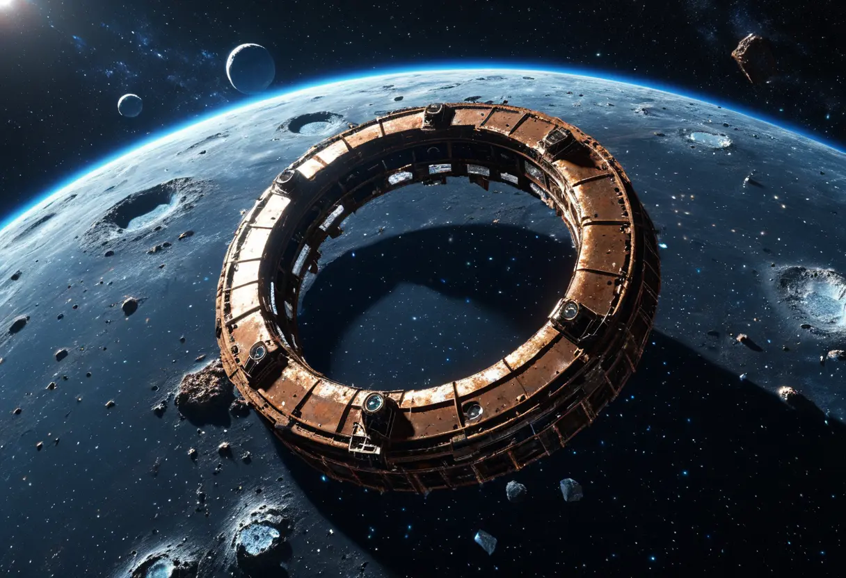 宇宙空間に漂う、崩壊し、錆びついた巨大なリング状の構造物。かつてそこには輝かしい文明があったことを思わせる。