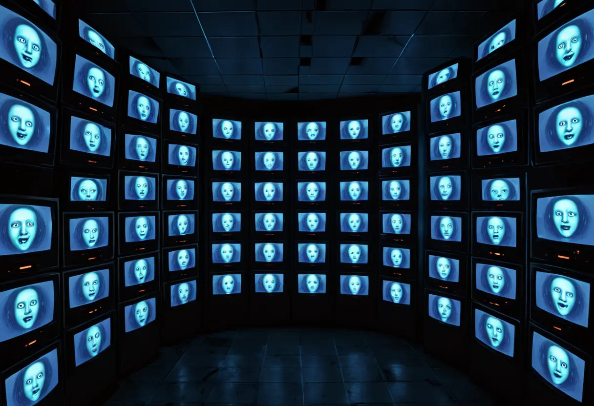 暗い部屋で無数に並ぶモニターに映し出された、様々なホラーモチーフ。