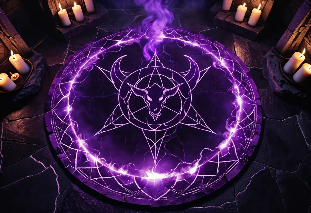 A glowing purple magic circle on a dark stone floor with a demonic shadow rising.