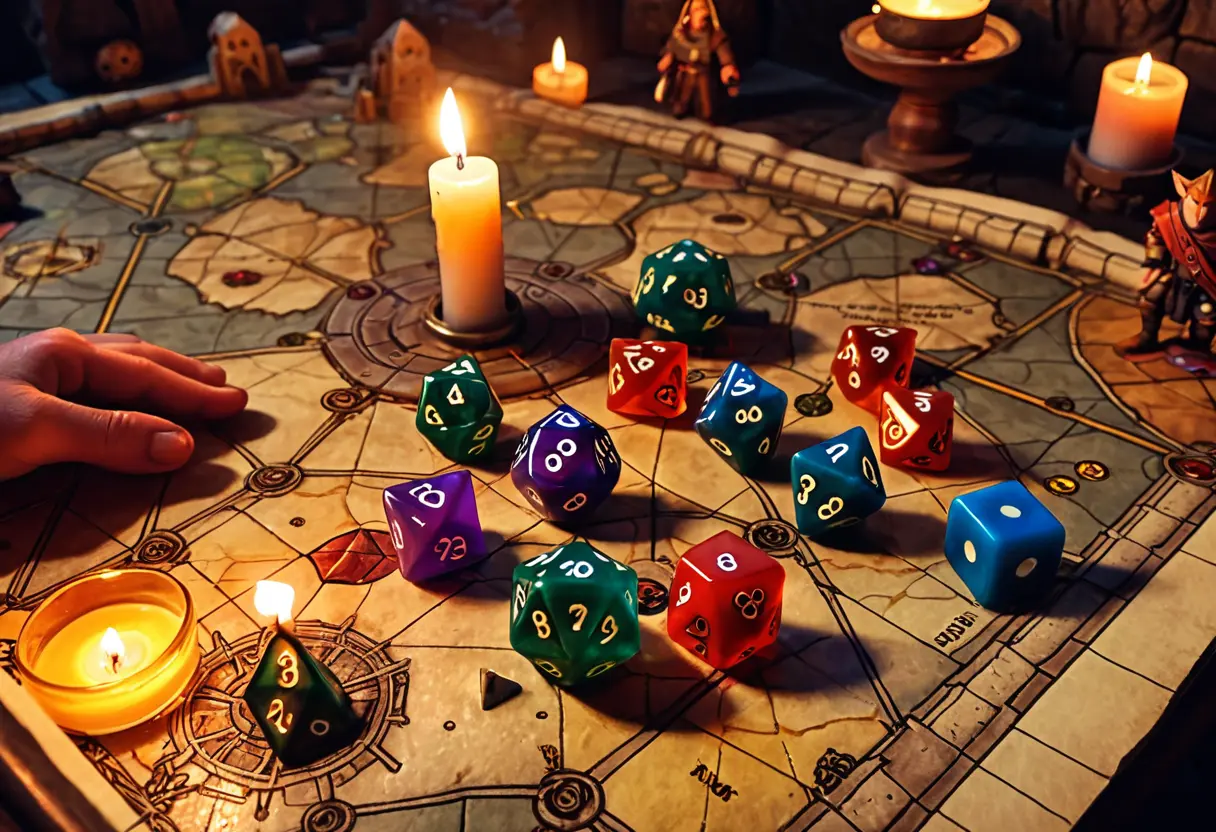 Polyhedral dice on a dungeon map.