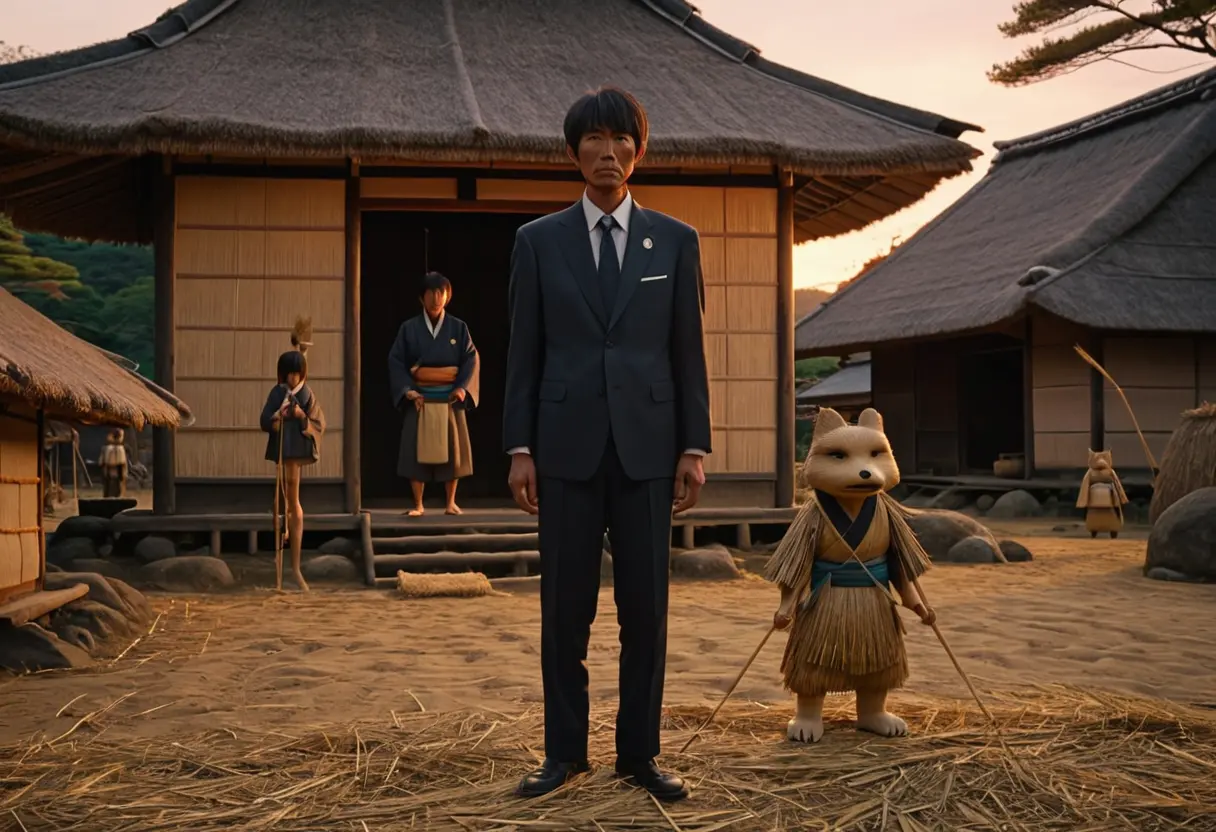 夕暮れの縄文時代の村に、巨大な遮光器土偶のような姿をした異星人が降り立ち、人々が跪いている神秘的な光景。