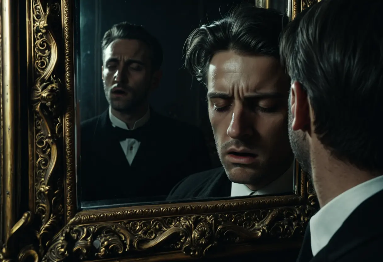 A man looking into a mirror and seeing his reflection blinking while he is not.