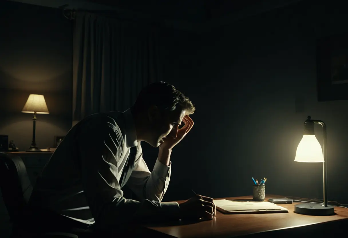 A translucent figure standing behind a man at a desk.