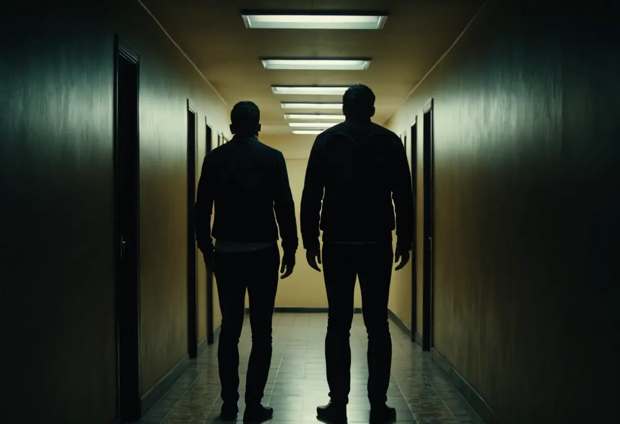 A man seeing his double in a hallway.