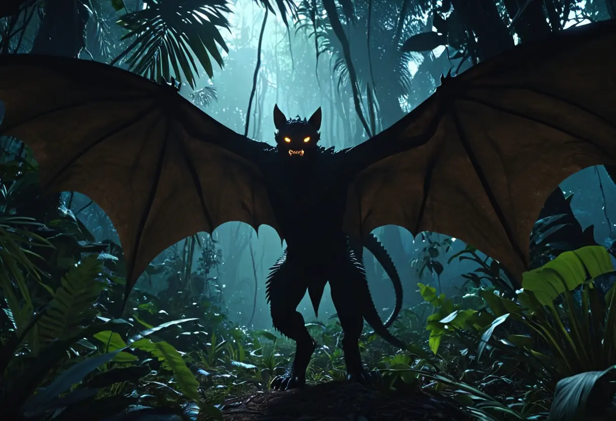 A shadowy, composite creature hiding in a dark jungle.