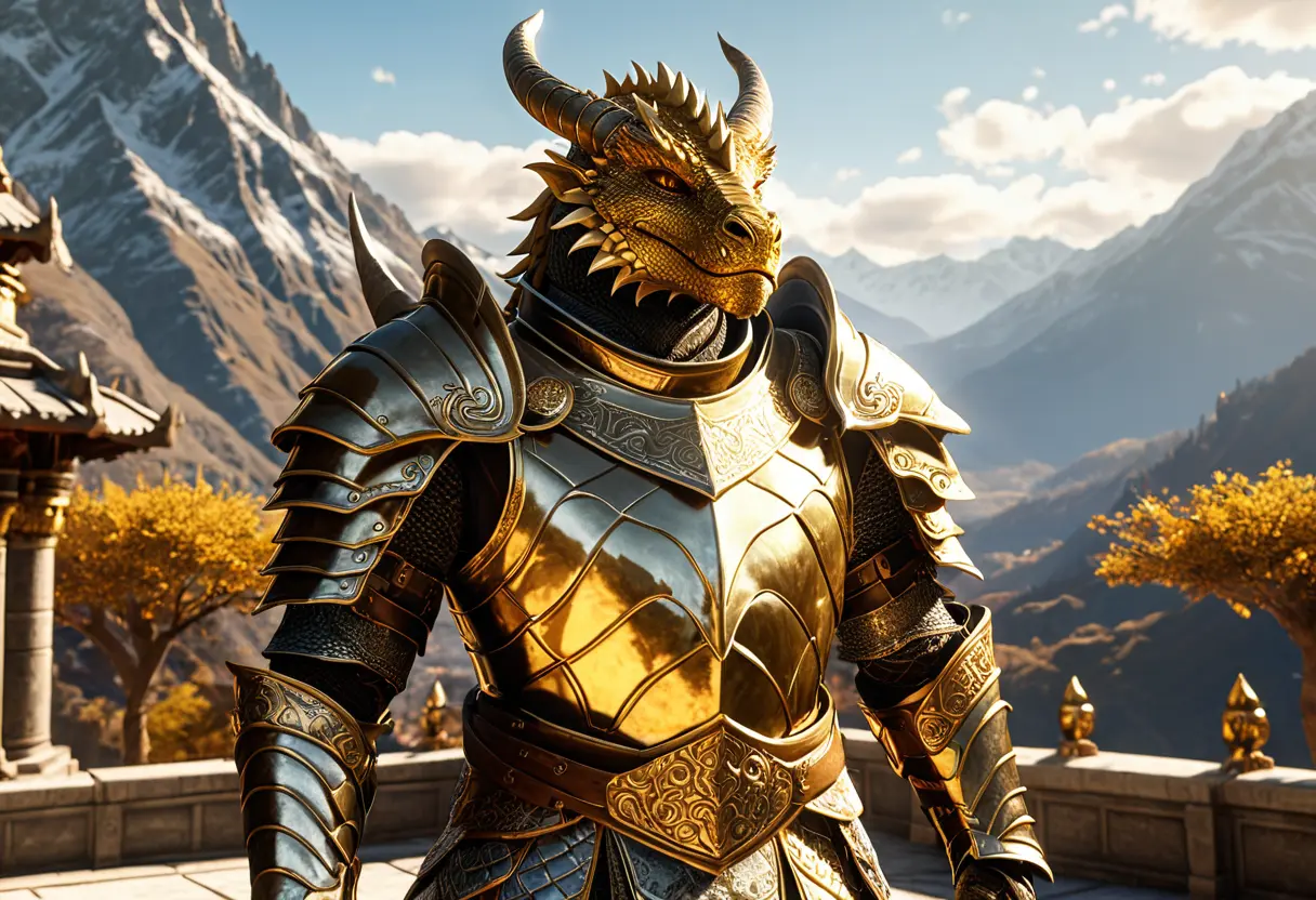 A golden-scaled Dragonborn in ceremonial armor.