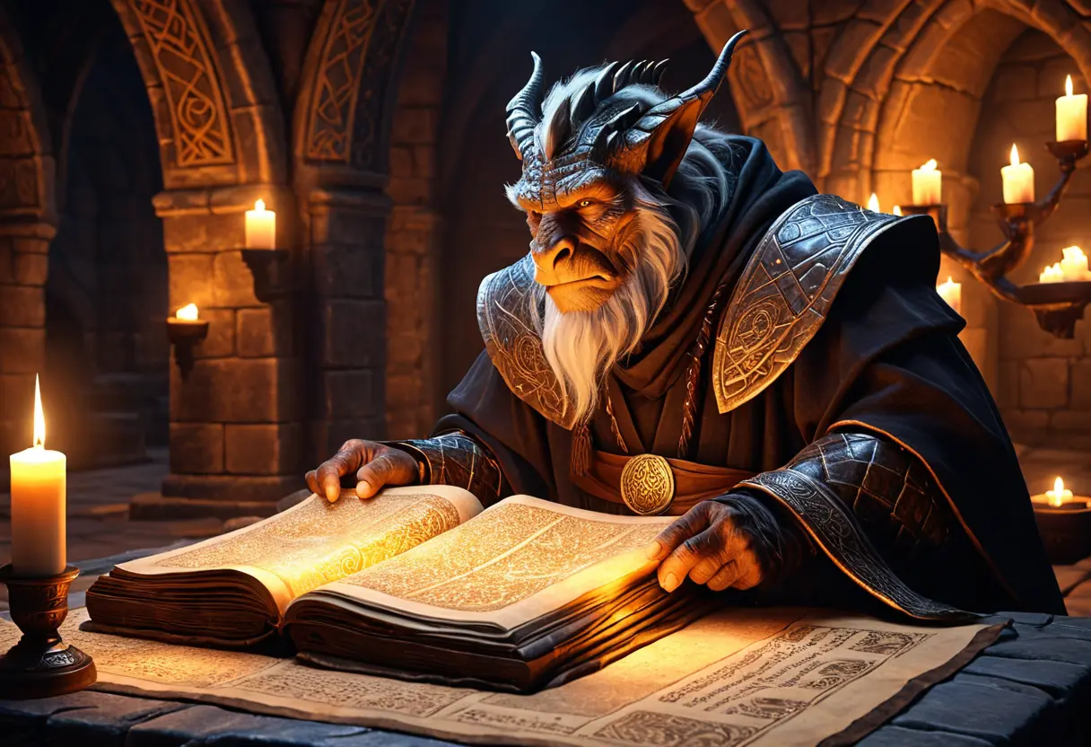 A Dragonborn scholar examining an ancient scroll.