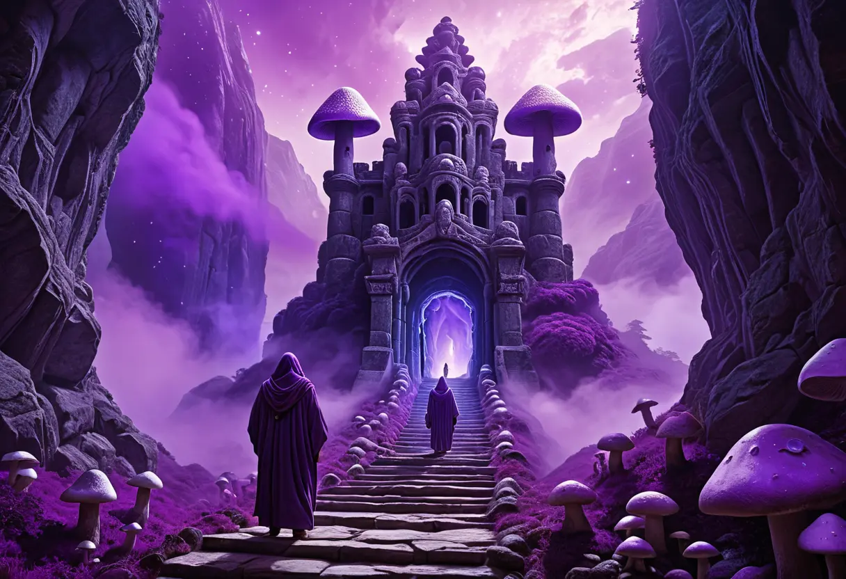 A massive staircase descending into a misty, glowing forest.