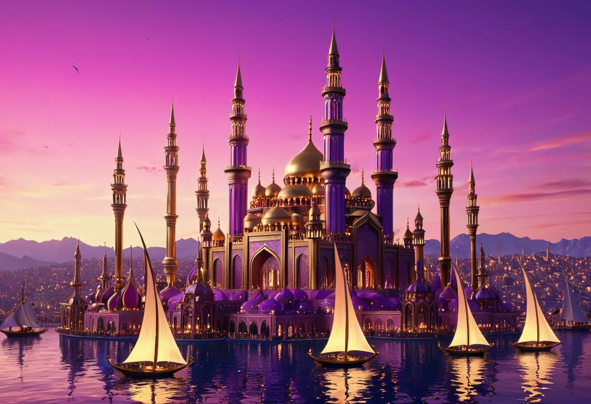 The jeweled city of Celephais against a violet horizon.