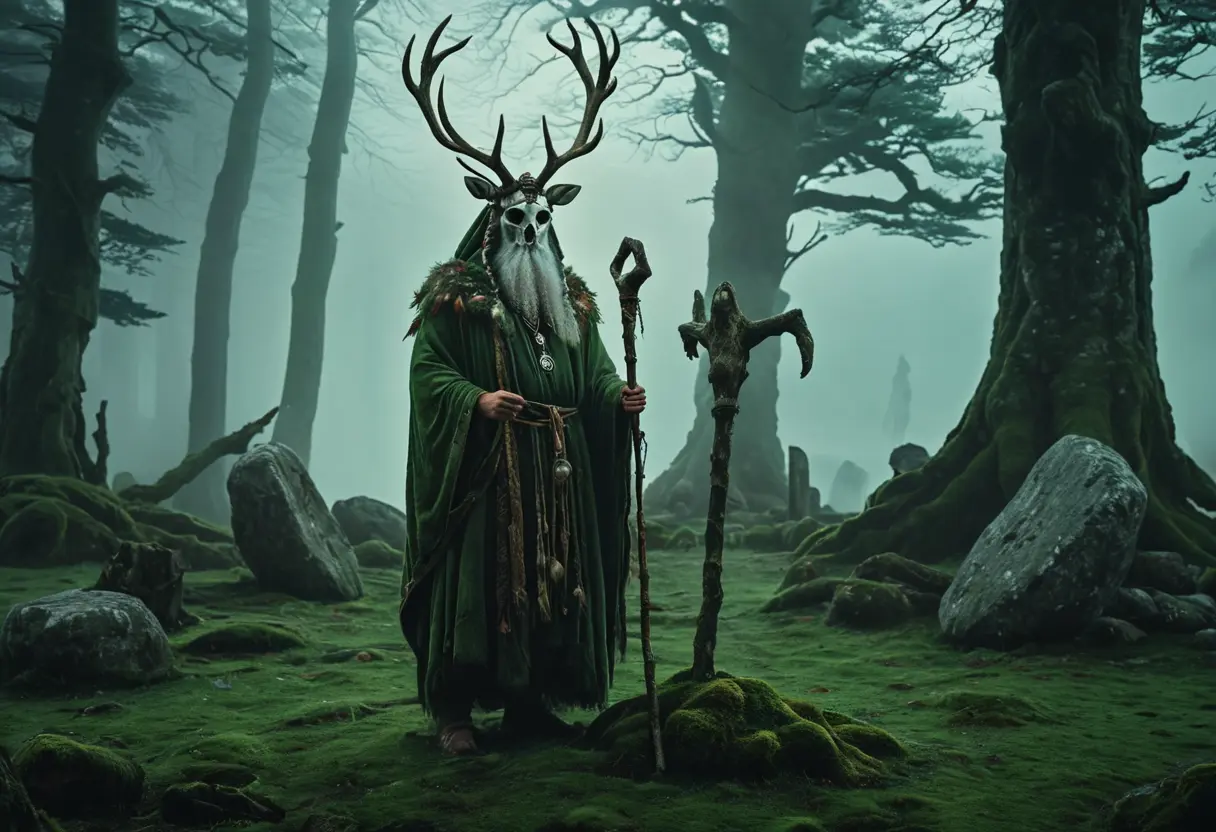 An ancient druid with a stag skull headdress standing in a stone circle.