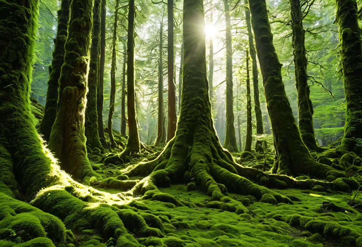 A dense, ancient forest with sunlight filtering through thick moss.