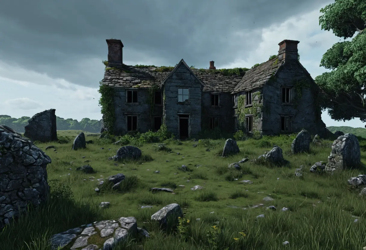 A decaying farmhouse near a rocky hill in Dunwich.