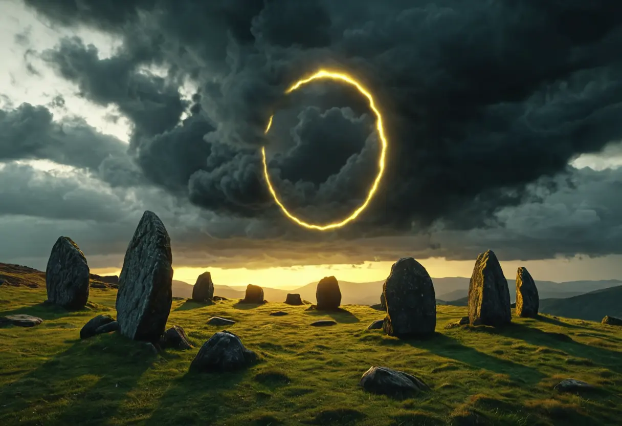 A stone circle on a hill under a dark morning sky.