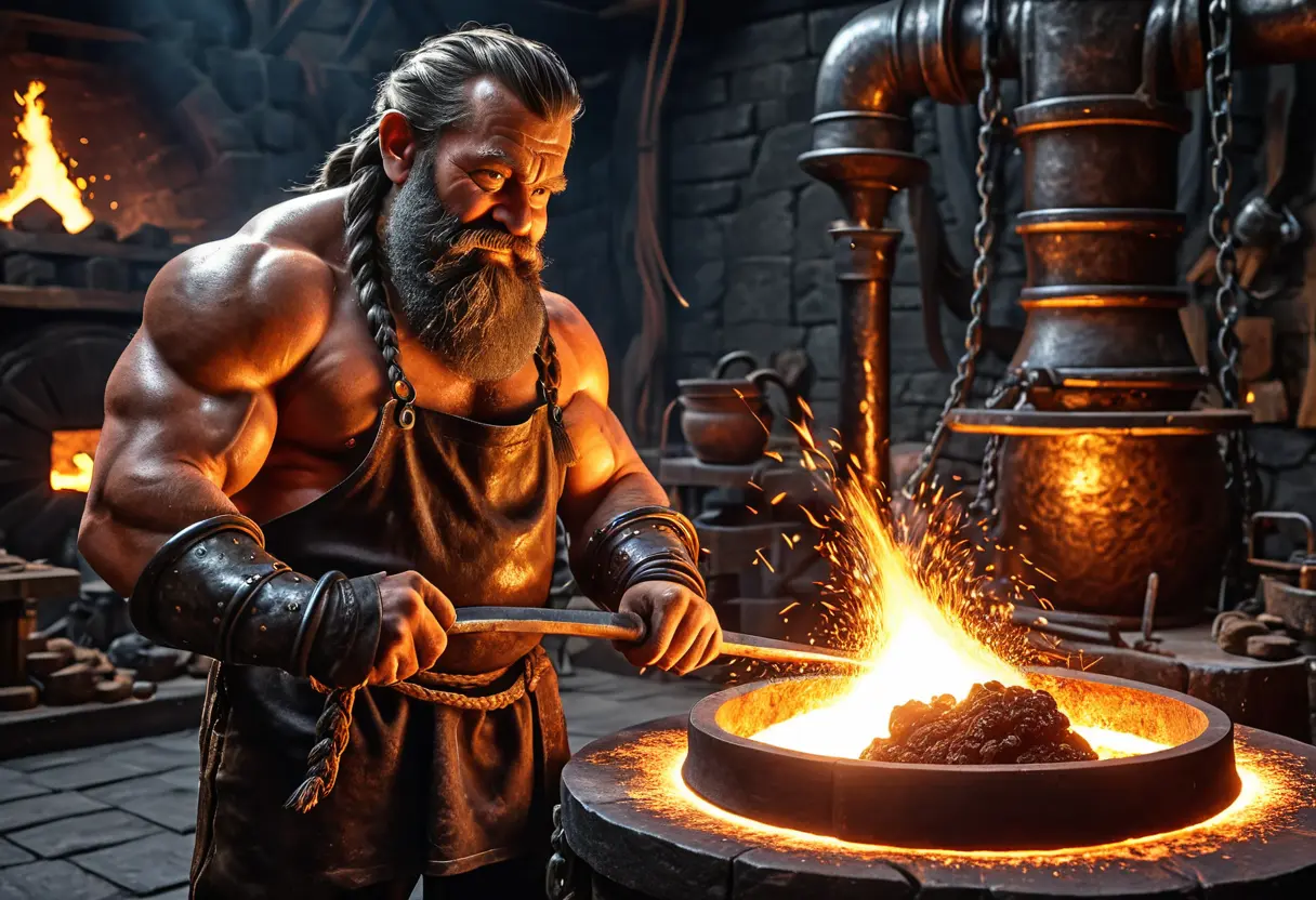 A Dwarven smith at a massive forge.