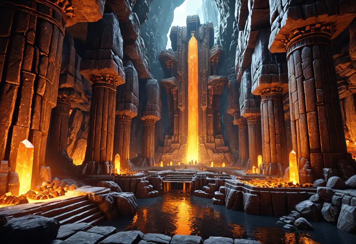 A magnificent Dwarven city carved into a cavern wall.