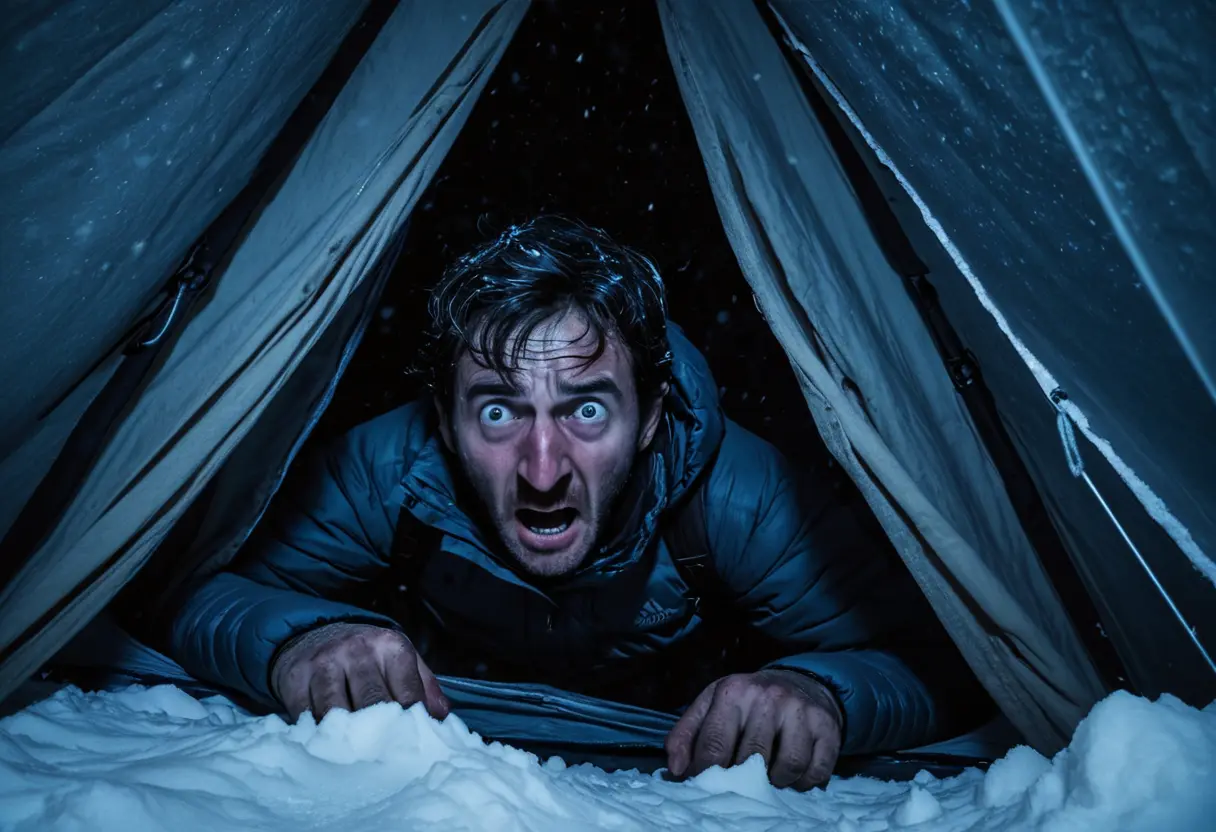 猛吹雪の夜、山肌に設営されたテントの中から、恐怖に目を見開いて外の何かを警戒する登山家