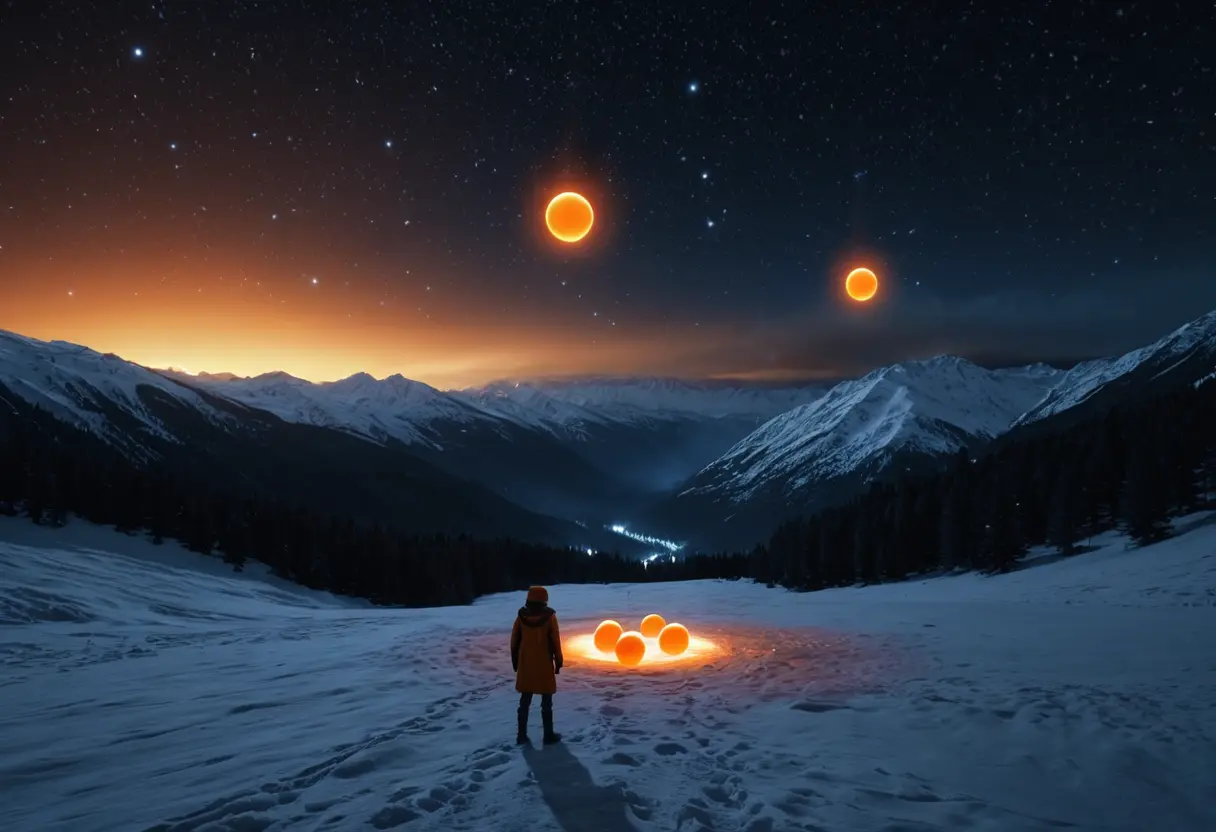夜の雪山の空に浮かぶ、不気味に発光するオレンジ色の球体と、それを呆然と見上げる人影