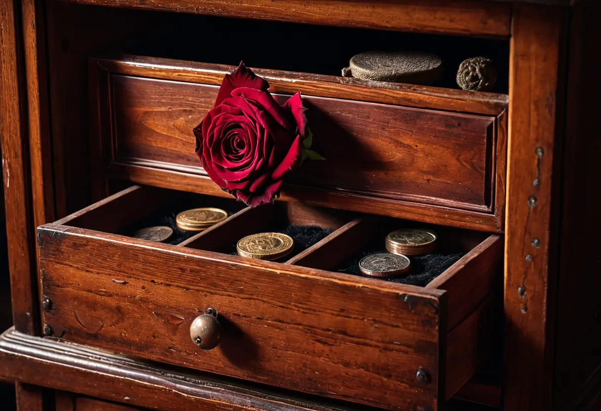 The interior of a small wooden cabinet.