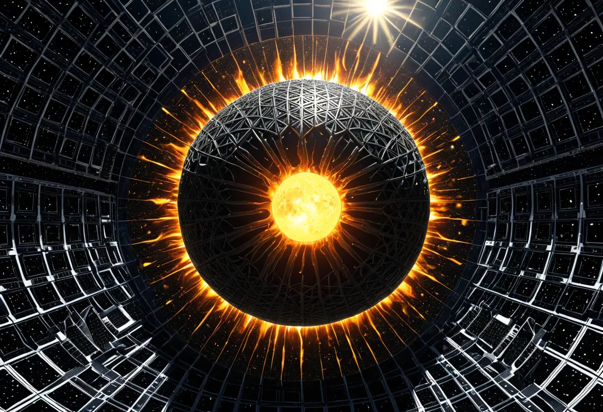 巨大な恒星を包むように、数百万枚の黒いパネルや複雑な構造物が浮遊し、星の光を部分的に遮っている宇宙の光景。