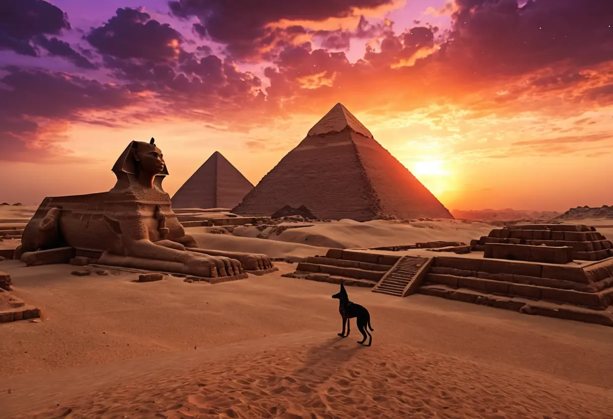 Panorama of an Egyptian temple with the sun setting.