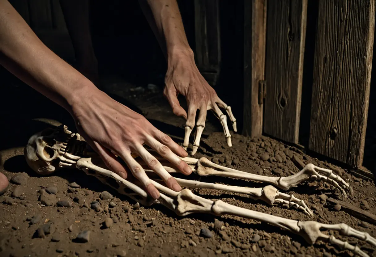 古い家の玄関。床に並べられた白く古びた骨の数々。長い指がその骨を数えている。
